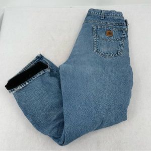 CARHARTT Mens Fleece lined denim blue jeans straight leg  size: 36 x 32